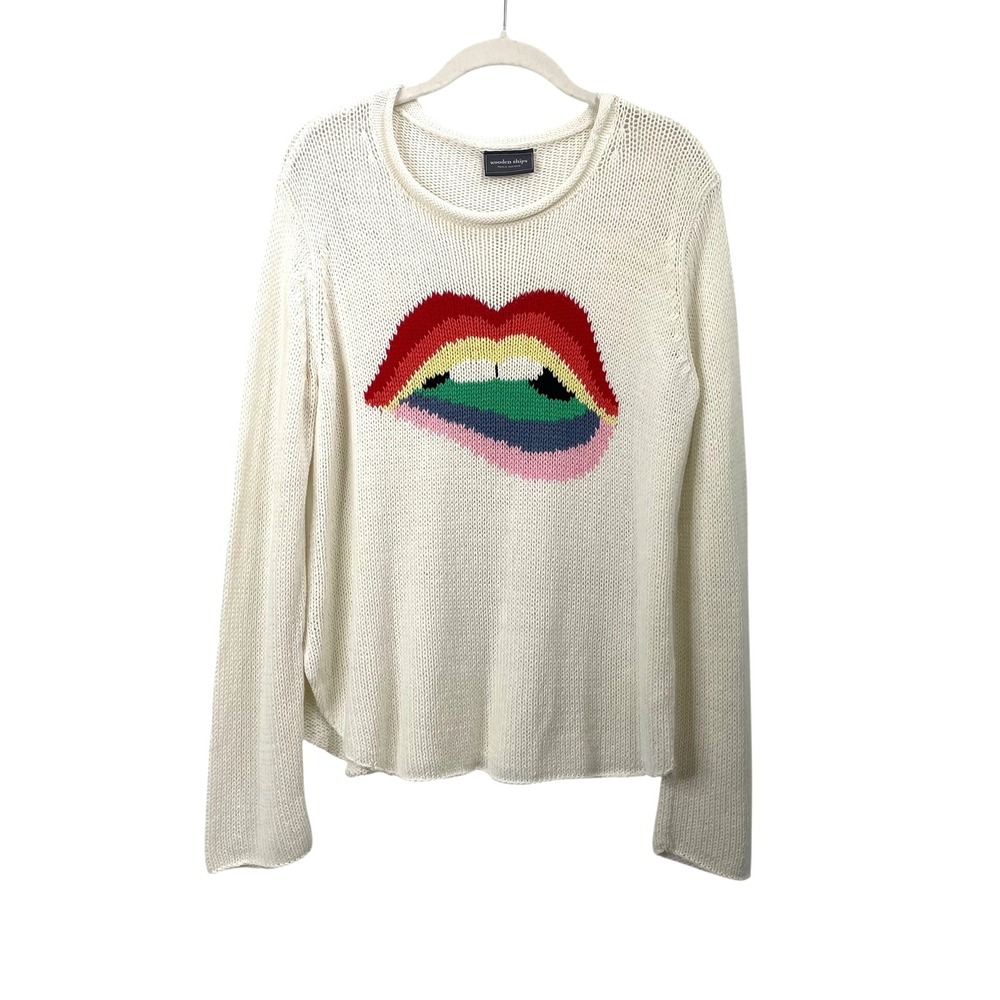 Wooden Ships rainbow lips sweater Size M/L cream boho festival - Picture 2 of 8